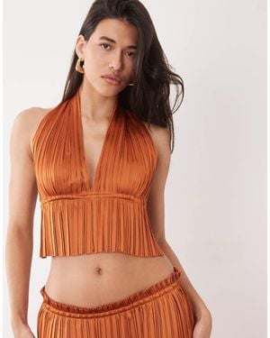 Aria Cove Plisse Halterneck Plunge Open Tie Back Top - Brown