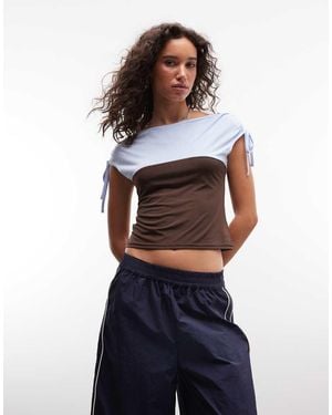 Reclaimed Vintage Colour Block Ruched Shoulder Jersey Top - Blue