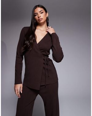 Kaiia Exclusive Ribbed Knit Wrap Tie Front Top Co-ord - Gray