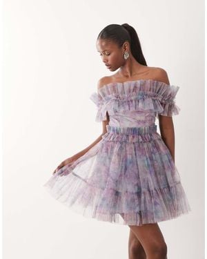 LACE & BEADS Tulle Strapless Ruffle Detailing Mini Skater Dress - Purple