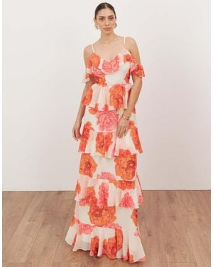 ANAYA Floral Cold Shoulder Tiered Maxi Dress - Orange