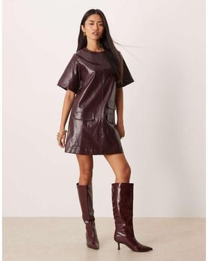 Ghospell Cotton Blend Leather Look Pocket Detail Mini Dress - Red