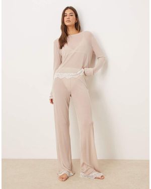ASOS Honey Mix & Match Sheer Trouser With Lace Trim - Natural