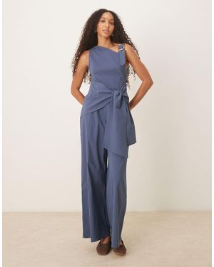 ASOS Asym Liquid Strap Detail Jumpsuit With Wrap Over - Blue