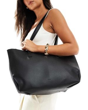 PASQ Textured Twin Strap Tote Bag With Side Clip Details - Black