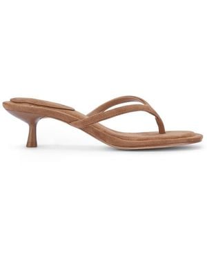 SEQWL Thong Mule Kitten Heel Sandals With Minimalist Straps - Brown