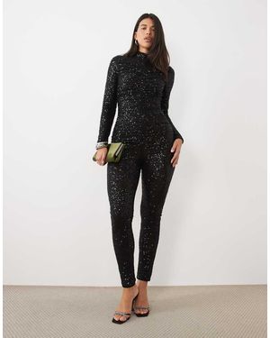 Ruched & Ready Tuta Aderente Con Paillettes, Collo Alto E Dettaglio Arricciato, Nera - Nero