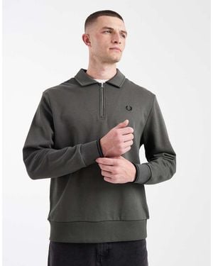 Fred Perry Quarter Zip Logo Polo Sweatshirt - Grey