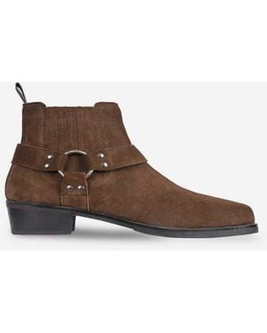 OFF THE HOOK Freeman Suede Western Harness Ankle Boots - Brown