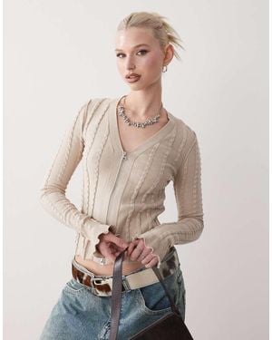 Weekday Slim Fit Zip Through Textured Cardigan - Natural