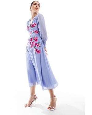 Hope & Ivy Embroidered Long Sleeve Button Front Midi Dress - Blue