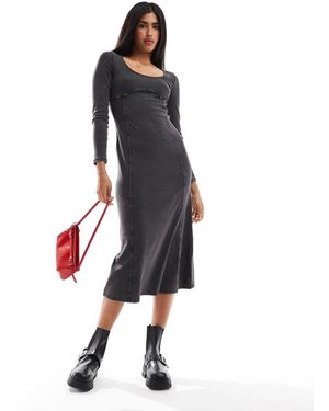 Miss Selfridge Vestito Lungo A Maniche Lunghe Antracite Slavato Stile Corsetto Con Scollo Rotondo - Blu