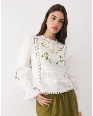 River Island Daisy Embroidered Frill Blouse - White
