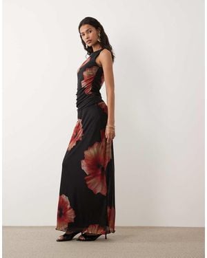 Jdy Ruched Mesh Skirt With Floral Print - Black