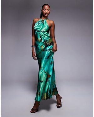 River Island Halter Neck Satin Maxi Dress - Green