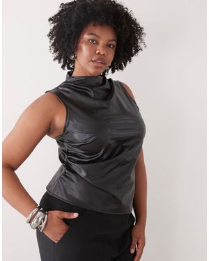 Noisy May High Neck Faux Leather Asymmetric Top - Black
