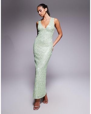 ASOS Statement Embellished Textured Plunge Maxi Dress With Mixed Sequins - Blue