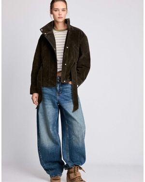 Stradivarius 100% leder trenchcoat mit hohem kragen und gürtel - Blau