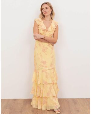 ANAYA Floral V Neck Ruffle Maxi Dress - Natural