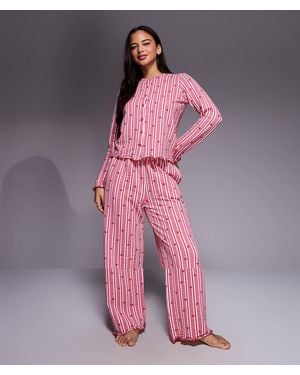 Threadbare Pijama A Rayas Rosas Y Rojas Abotonado Para San Valentín Con Estampado De Corazones De Mezcla De Algodón De