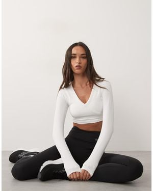 4505 Seamless Baby Rib Wrap Front Long Sleeve Top - White