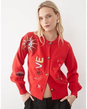 Never Fully Dressed Langärmlige strickjacke mit knopfleiste und stickerei - Rot