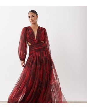 LACE & BEADS Tulle Plunge Drop Hem Open Back Maxi Dress - Red