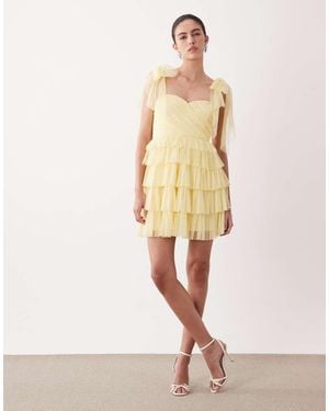 LACE & BEADS Tulle Tie Shoulder Ruffle Tiered Mini Dress - Natural