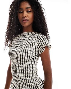 Daisy Street Gesmokte Geruite Top Met Korte Mouwen - Wit