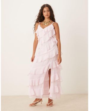 Vila Asymmetric Frill Maxi Dress With Side Split - Pink