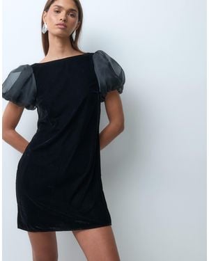 Nobody's Child Roxy Velvet Boat Neck Mesh Puff Sleeve Detail Mini Dress - Black