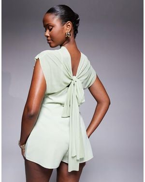 ASOS Oversized Puff Sleeve Sheer Overlay Playsuit In - Green
