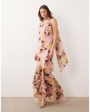 ASOS Asos Design Tall Halter Maxi Dress With Scarf Detail And Ruffle Hem - Pink
