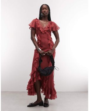 Reclaimed Vintage Maxi Theejurk Met Ruches En Kant - Rood