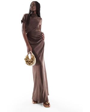 Six Stories Bridesmaid Ruched Drape Satin Maxi Dress - Brown