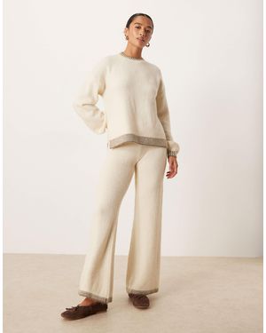 Vila Contrast Trim Knitted Wide Leg Trouser Co-ord - Natural