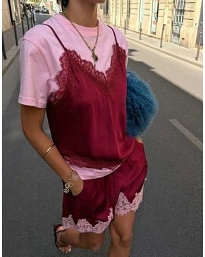 Never Fully Dressed Jersey 2-in-1 Asymmetric Lace Detail T-shirt - Pink