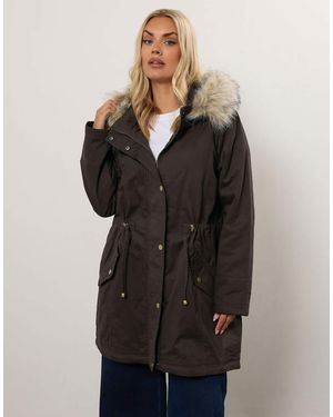Yours Clothing Fur Trim Parka Coat - Black