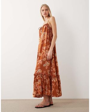 Accessorize Vestido Largo Color Óxido Con Estampado Floral Y Volantes-Naranja