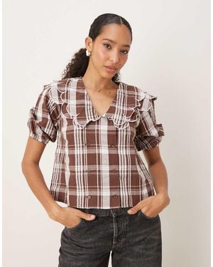 Neon Rose Plaid Print Scallop Collar Blouse - Brown