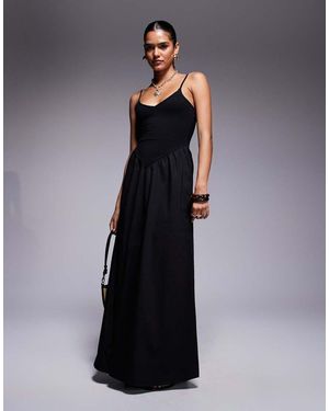 Fashionkilla Cotton & Poplin Mix V-neck Drop Waist Detail Maxi Dress - Blue