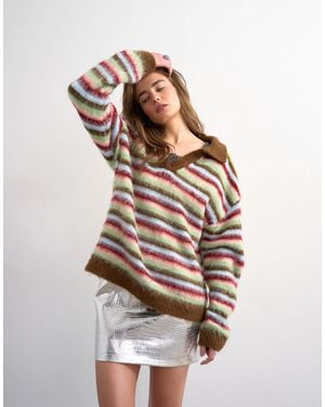 TOPSHOP Fluffy Knit Striped Polo Sweater - White