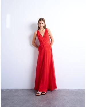 TOPSHOP Plunge Full Hem Occasion Dress With Sheer Panels - Red