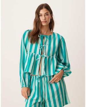 esmé studios Top Playero A Rayas De Manga Larga Con Lazada Delantera Exclusivo De Esmee (Parte De Un Conjunto) - Azul