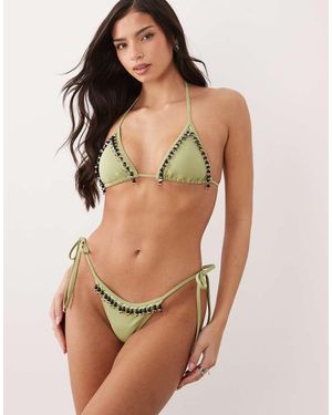 ASOS Bea Beaded Rio High Leg Tie Side Bikini Bottom With Fringe Beading - Natural