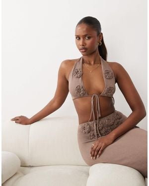 Wanderdoll Daisy Knitted Corsage Detail Halterneck Bralette - Brown