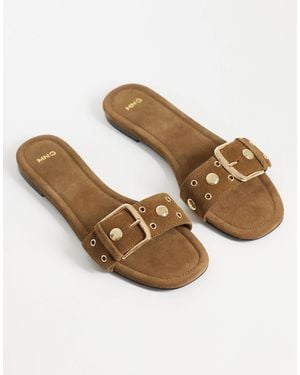 Mango 100% Suede Leather Buckle Detail Flat Slides - Natural