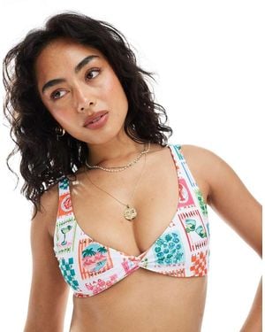 Miss Selfridge Postcard Print Twist Detail Bikini Top - Blue