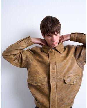 TOPMAN Real Leather Double Pocket Coat - Brown
