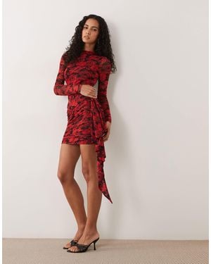 AFRM Mesh High Neck Long Sleeve Tie Detail Mini Dress - Red